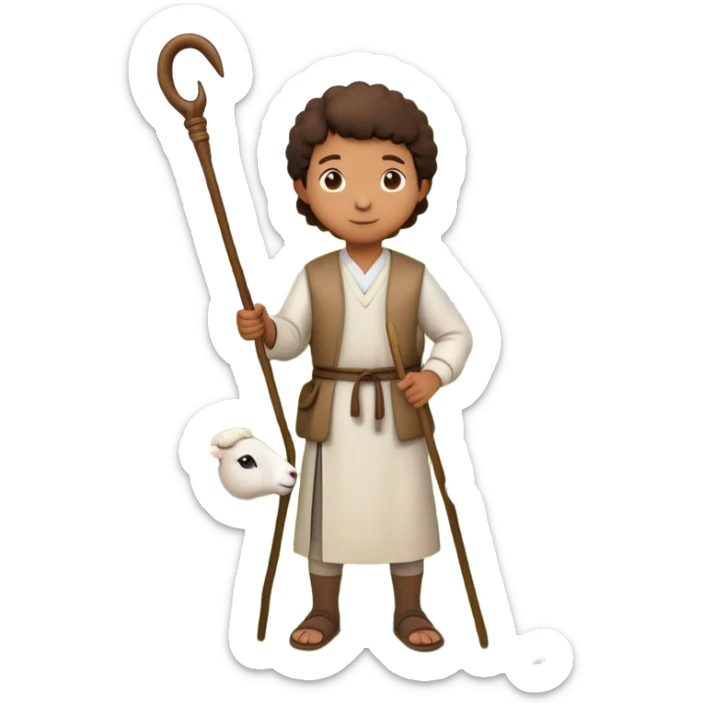An emoji-style depiction of a shepherd. A person wearing simple, traditional clothing, holding a wooden staff (crook), standing near sheep or leading them. Often outdoors, in a field or hillside setting, symbolizing care, guidance, and rural life sticker