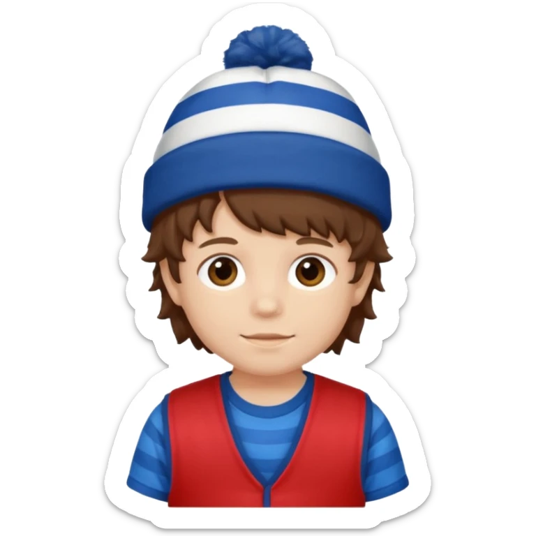 brown fluffy hair kid with blue and white hat dark blue jilet red t shirt sticker