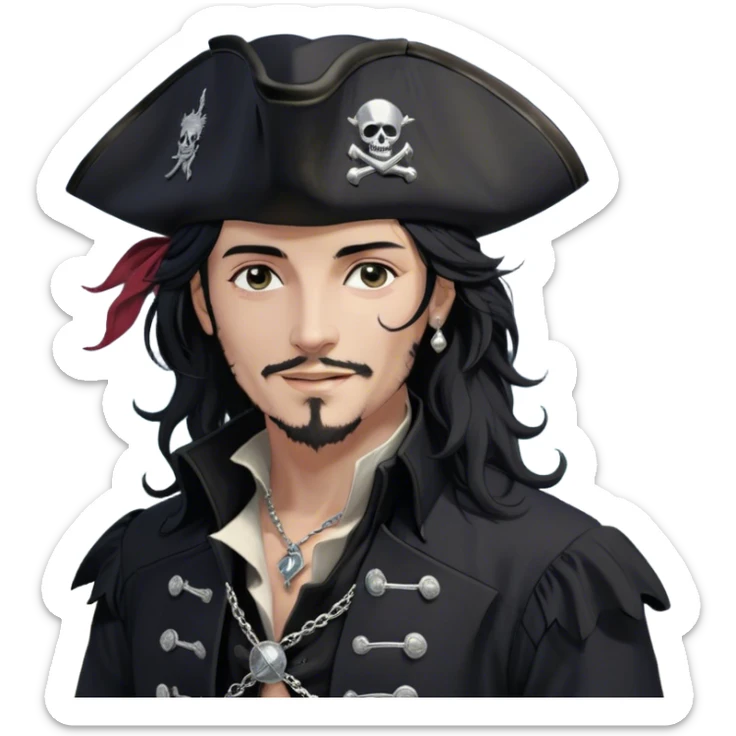 A charismatic pirate with wavy black hair tousled by the sea breeze. His black tricorn hat, embroidered with silver, casts a subtle shadow. Dark eyes glint with mischief as he looks to the side, a knowing smile on his lips. His fitted black coat, adorned with silver buttons, shifts slightly with the wind. A silver chain dangles from his belt sticker