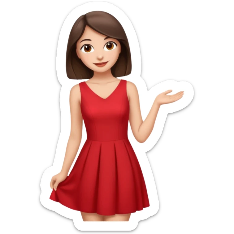 Cartoon emoji of a young brunette woman with fair-medium skin, brown eyes, wearing a red outfit. Full-height, standing confidently in a red dress  posing sexy with a smile and relaxed posture. Smooth, friendly, stylized, make up on, flirty eyes and smile sticker