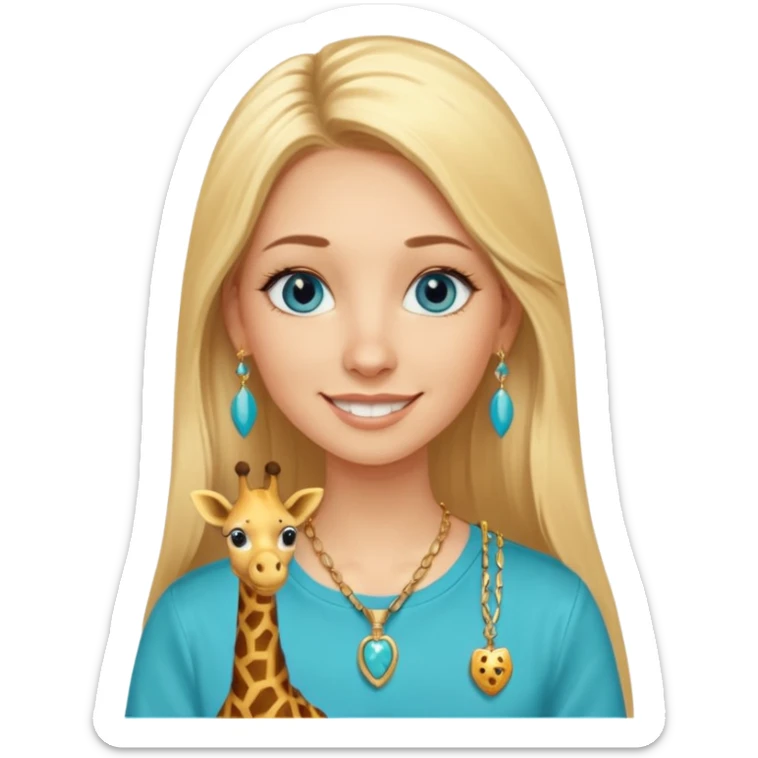 Swedish girl blonde long straigt hair blue eyes turqoise shirt gold earings girrafe necklace gold small long lashes smiling closed mouth sticker