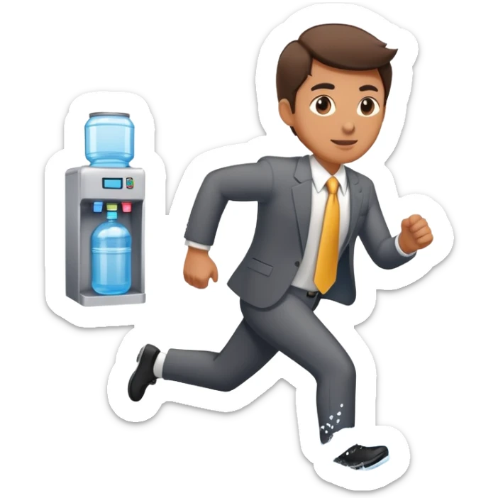 Company director running a marathon in a business suit next to a water cooler sticker