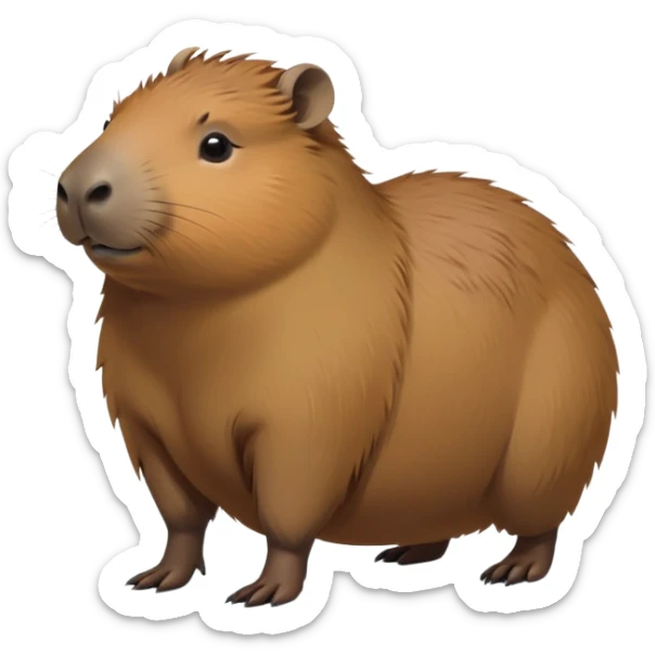cinematic-capybara-realistic-full-body-on-all-fours-emoji,-plump-and-relaxed-body-soaking-in-the-warm-sun,-short-brown-fur-slightly-ruffled,-head-tilted-dramatically,-calm-expressive-eyes-exuding-serene-wisdom,-simplified-yet-realistic sticker