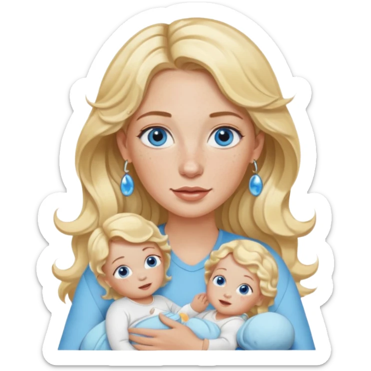 Wavy blonde, white woman with blue eyes, freckles hoop earrings, holding babies sticker