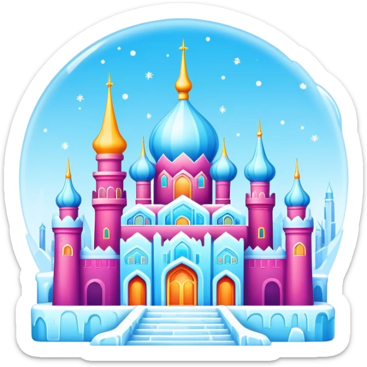 Harbin Ice and Snow World colorful ice buildings with lights, simplified emoji style with bold outlines and bright colors, cartoon style ice palace sticker