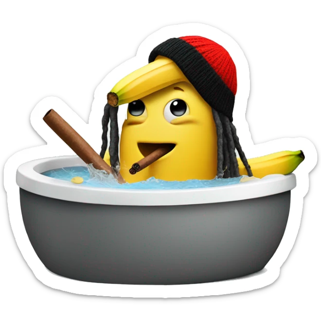 banana with goatee and dreads with a red yellow and black beanie smoking a cigar in a hot tub sticker