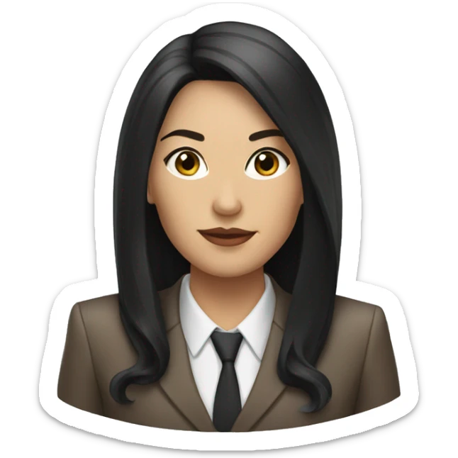 Female defense attorney with long black hair with brown suit sticker