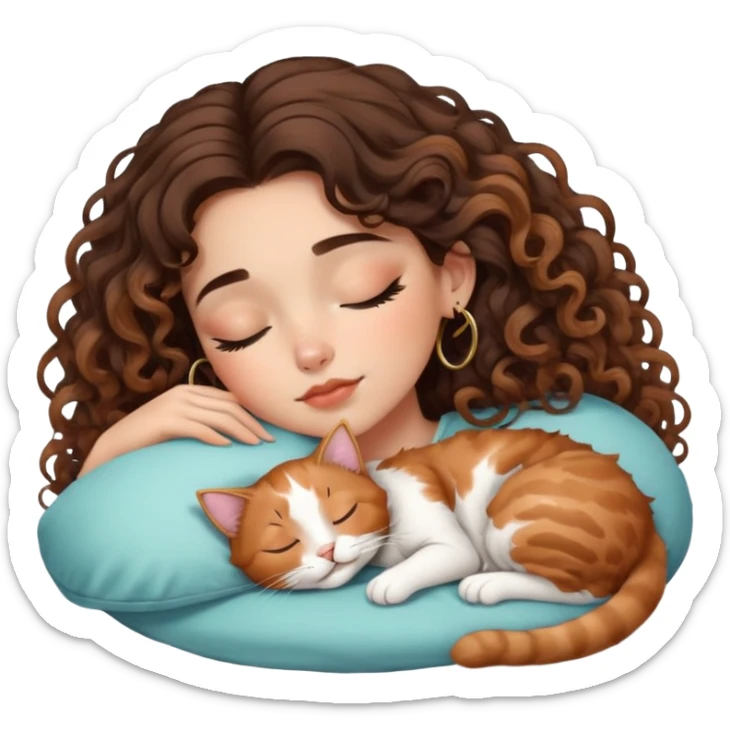 cute balayage brunette curly/wavy haired girl, hoop earrings clean girl makeup sleeping beauty laying next to her sleeping calico cat  sticker