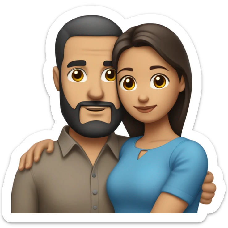 Comforting hug from brunette Puerto Rican with dark brown eyes wearing a cute blue blouse to short, bald man with brown eyes and a beard sticker