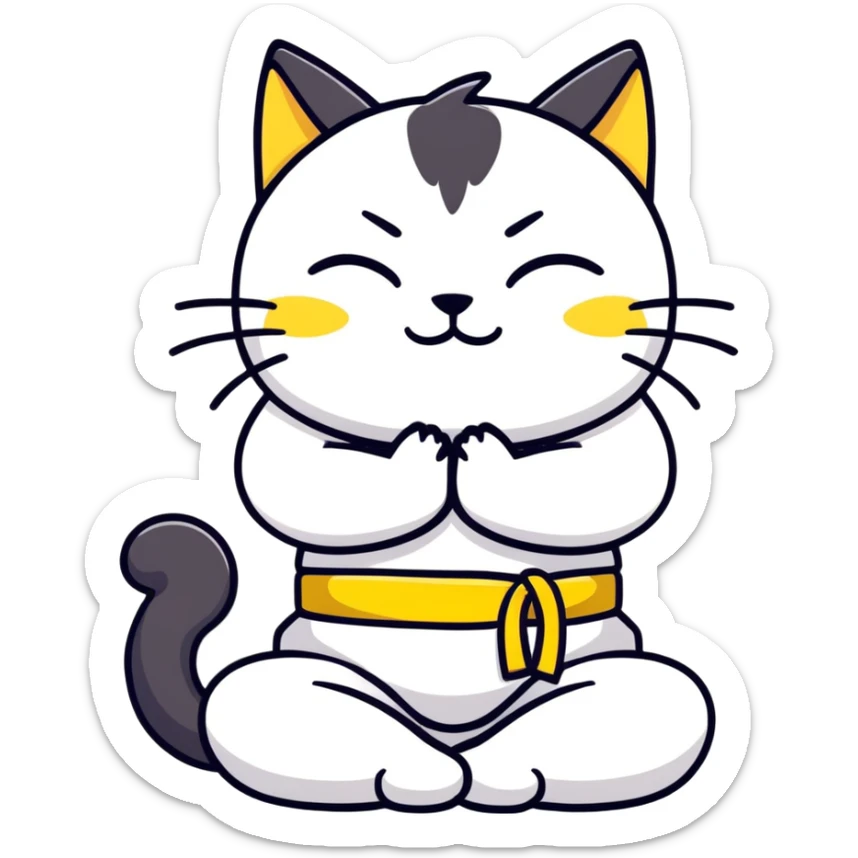 Generate a black cat in a yoga sitting position, hands clapped in front of him with it’s head slightly bent forwards eyes closed, wearing an all white kung fu uniform with a yellow belt sticker
