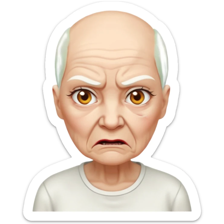 a portrait of angry elderly woman, bald head, wearing shirt sticker