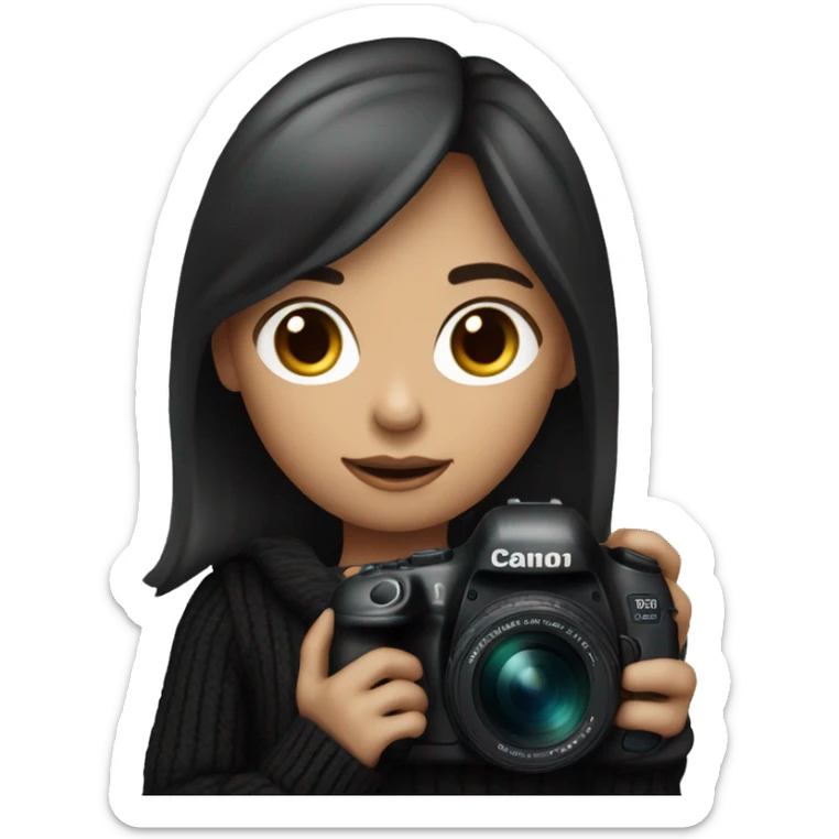 Female photographer with short,beige skin, dark hair, wearing a black sweater, holding a Canon 5D Mark IV camera with an 85mm lens.  sticker