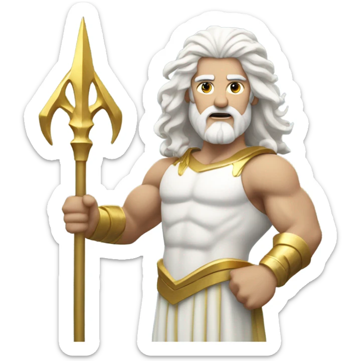 white Poseidon with gold Trident. long white hair white dress. show biceps muscle sticker