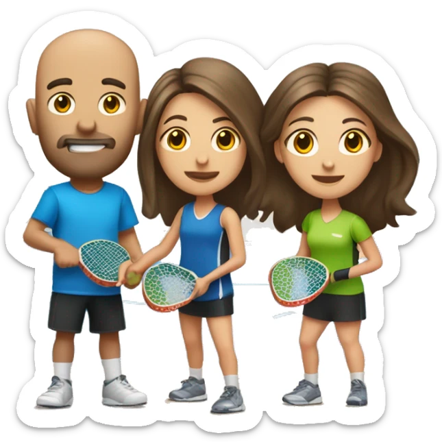 4 Caucasian people playing pickleball with 1 tall bald male, 1 shorter brown hair male, 1 girl with long brown hair, 1 girl  with brown hair sticker