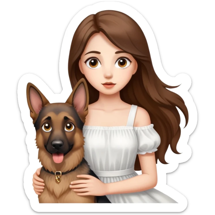 A beautiful girl with big eyes, fair skin, long brown hair with white dress and a German Shepherd dog sticker