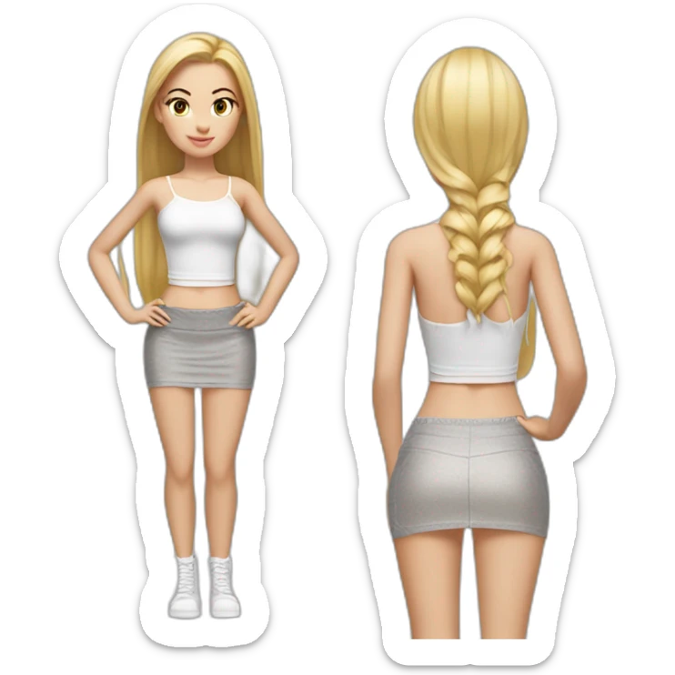 hyperrealistic caucasian female, long straight blonde hair, white lace up crop top, grey mini tight skirt, body view sticker