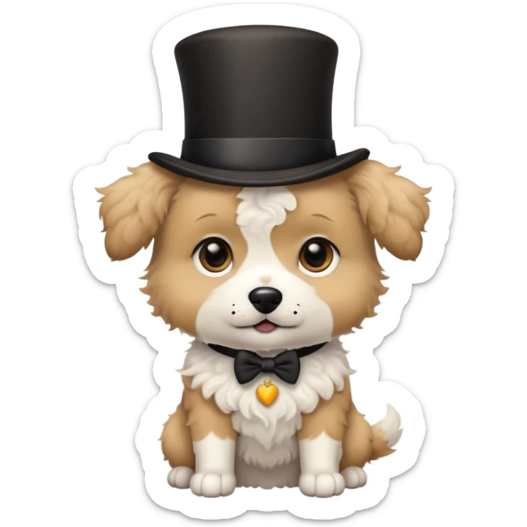 cute small tan and white dog with black nose, black round eyes, curly fluffy medium length hair, wearing a top hat sticker