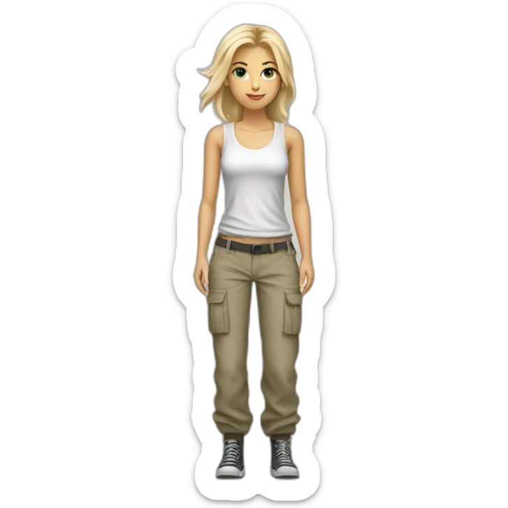 full body white blonde girl with baggy cargo pants, white tank top and tie sticker