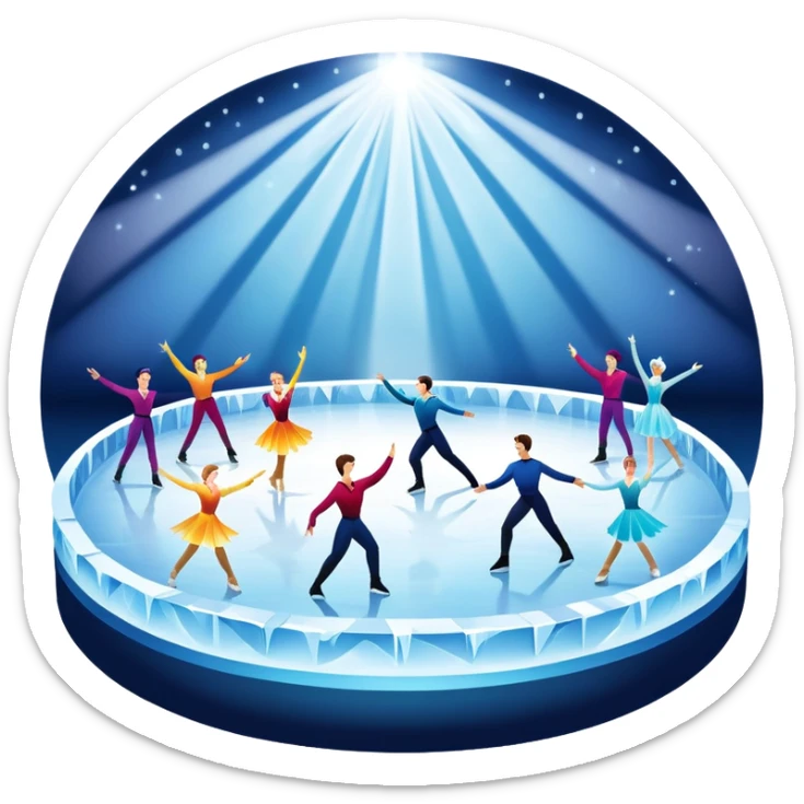 An icon of a theatrical ice show with close-up costumed figure skaters performing a dramatic scene on a glowing ice stage. Spotlights, colorful scenery, and a cheering audience in a grand arena convey the magic and artistry of the ice performance. Transparent background included. sticker