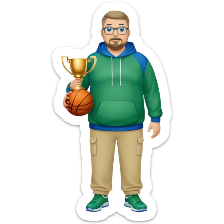 full body white obese male basketball coach with trophy. Goatee , Wearing glasses and blue and green hoodie and khaki pants sticker