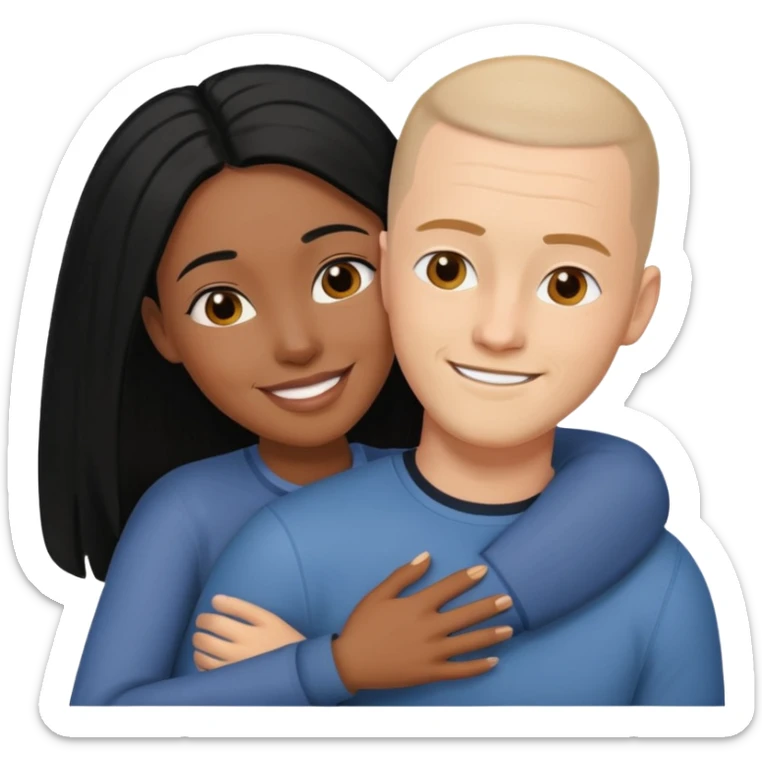 black woman with long hair hugging white man with brown buzz cut. young couple  sticker