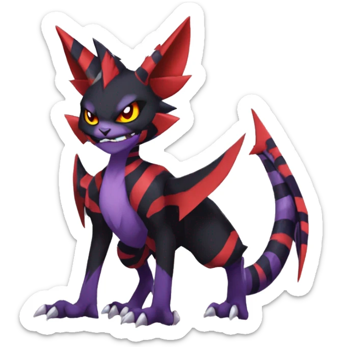 Black-Red-Purple Anthro Cool Punk Noivern-Litten-Fakemon-fursona with fangs and stripes Full Body sticker