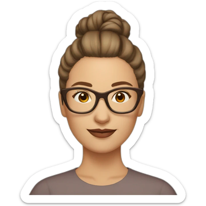 Woman, middle aged, light beige skin, brown hair in a bun, rectangle glasses sticker