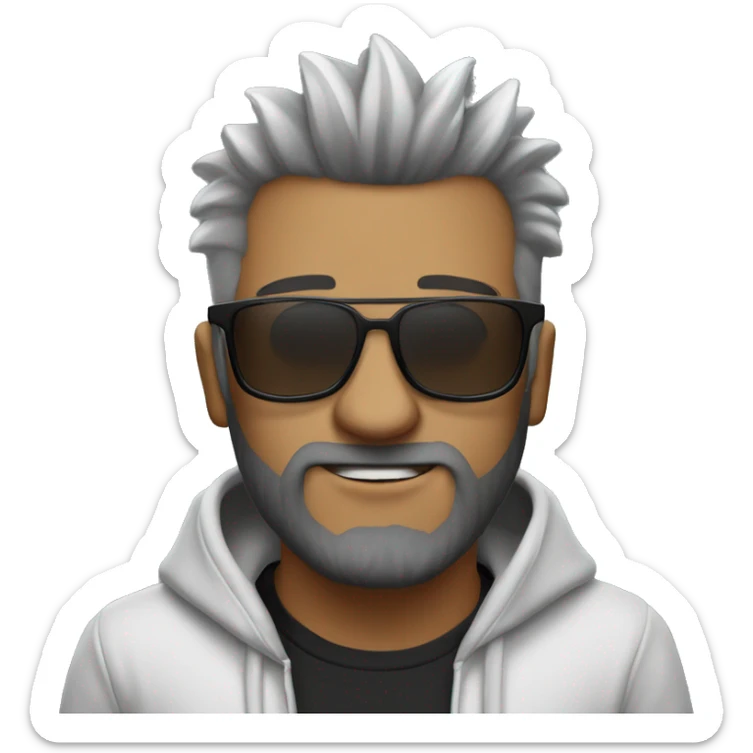 hombre blanco con pelo negro mohawk muy corto con hoodie gris y barba de dos dias y lentes sticker