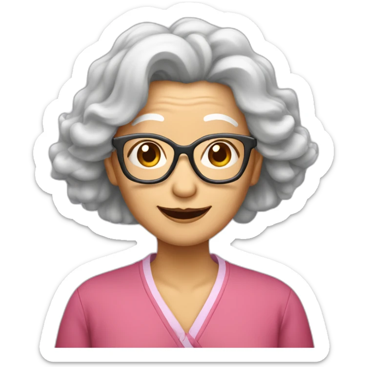 Chinese senior lady has wavy long hair wear glasses show love sign sticker