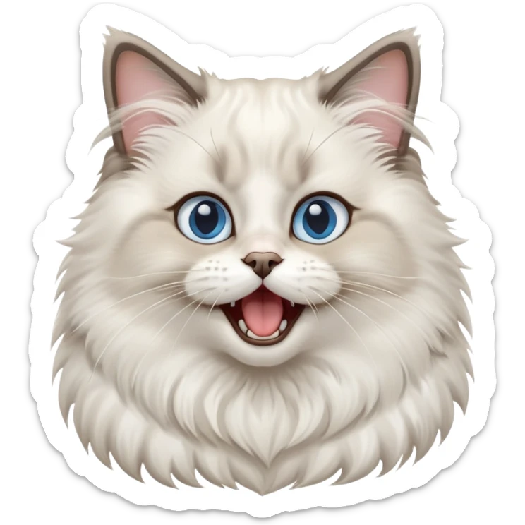 cinematic-adorable-big-eyed-fluffy-ragdoll-cat-portrait-emoji,-head-tilted-playfully-with-a-cute,-yawn,-white and grey fur,-simplified-yet-irresistibly-cute-features, blue eyes sticker