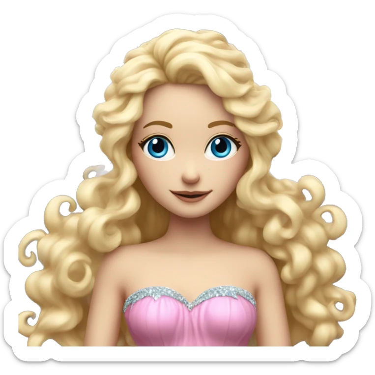 Fairy, a blonde hair with blue eyes and a pink dress with sparkly wings. White wings. The fairy has long and curly hair with a lot of volume sticker
