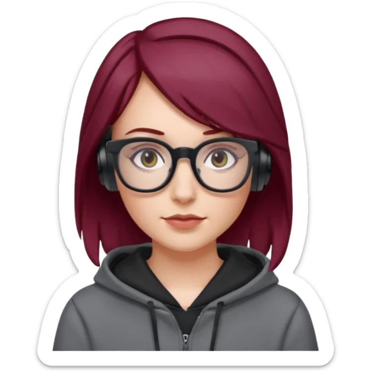white girl with burgundy hair, gray rectangle glasses, black deportive hoodie and black headphones sticker