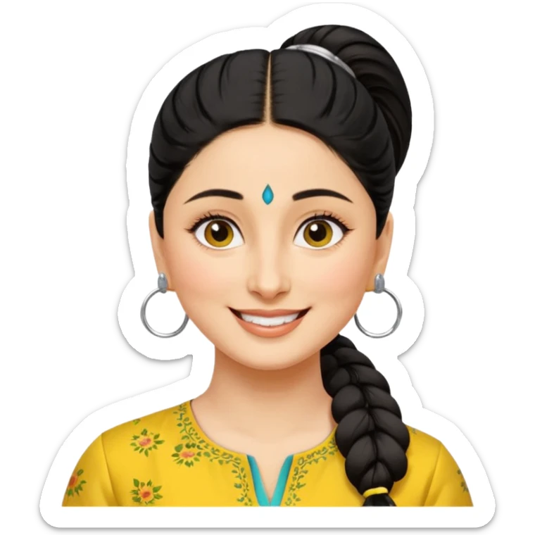 generate a pretty bratz emoji that looks like Kareena Kapoor's Geet character. 
Make her wear a yellow kurti, silver hoops, black hair in a ponytail. smiling big sticker