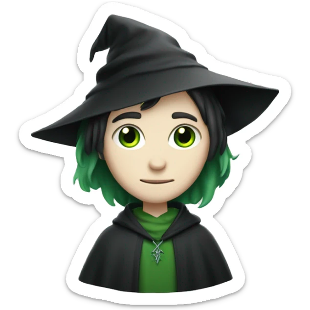 teenage white-skinned wizard with black hair and green eyes in green disgue sticker