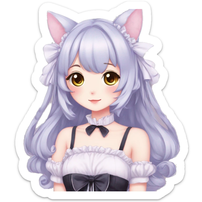 Gorgeous anime style catgirl with blushing face with maid outfit laces gothic Lolita idol model kawaiicore pastelcore cottagecore pearly petite simplistic aesthetic trending style sticker