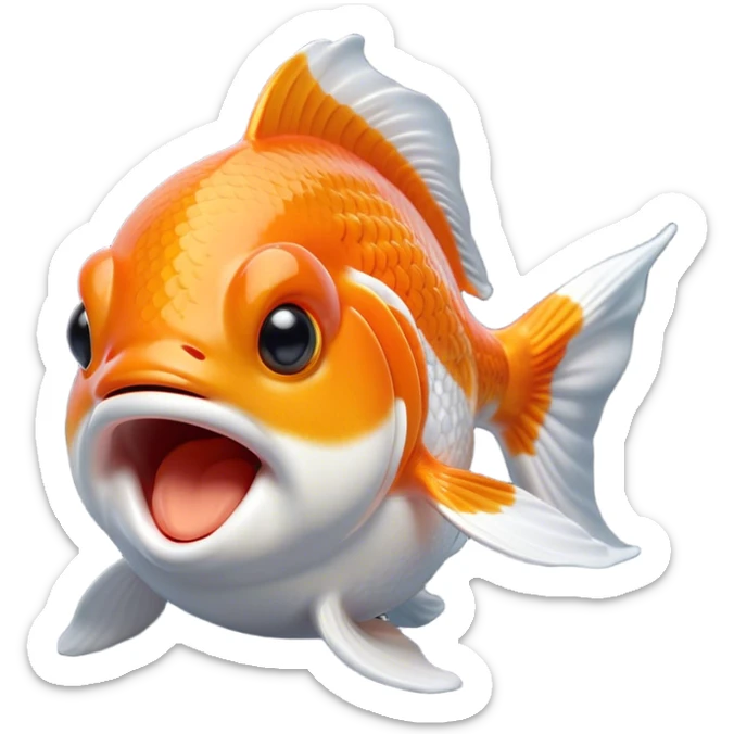 Cinematic Cute Yawning Orange and White Goldfish Portrait Emoji, Head tilted slightly with a dramatic, wide-open yawn, showcasing a smooth body with a balanced blend of orange and white, graceful fins slightly drooping, round golden eyes barely open in drowsy contentment, Simplified yet irresistibly adorable features, highly detailed, glowing with a soft, cozy glow, high shine, relaxed yet expressive, stylized with a touch of whimsy, bright and endearing, soft glowing outline, capturing the essence of a sleepy yet affectionate goldfish, so drowsy it feels like it could float out of the screen and curl up for a nap! sticker