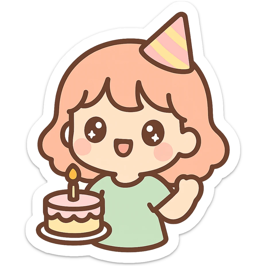 happy party girl, kawaii style, sparkling eyes, birthday cake sticker