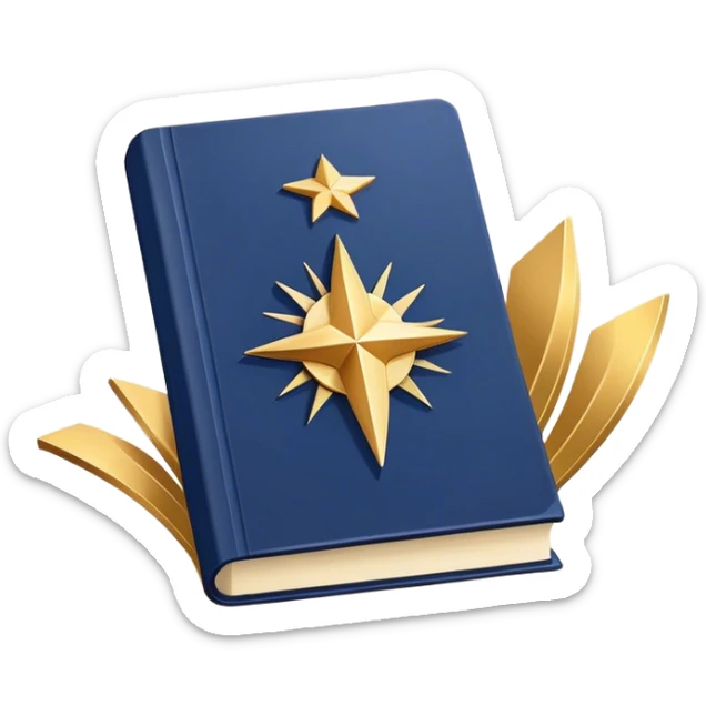 A navy blue productivity book with gold details, chart with upward trend aura, radiating productivity, strategy, and success in motion- sticker
