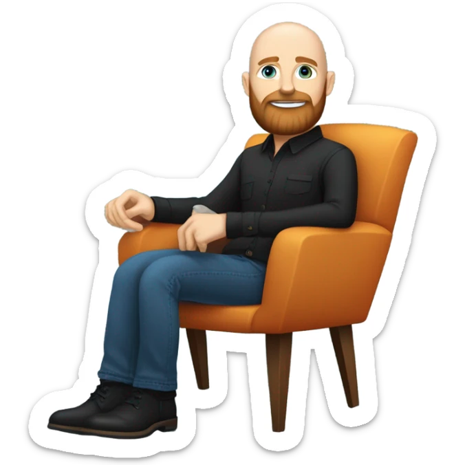 Bald, Caucasian, sky-blue-eyed, Psychotherapist in a modern colorful chair. He has a brown full beard and he’s Wearing a black dress shirt with a subtle pattern, blue jeans and black Chelsea boots.  sticker