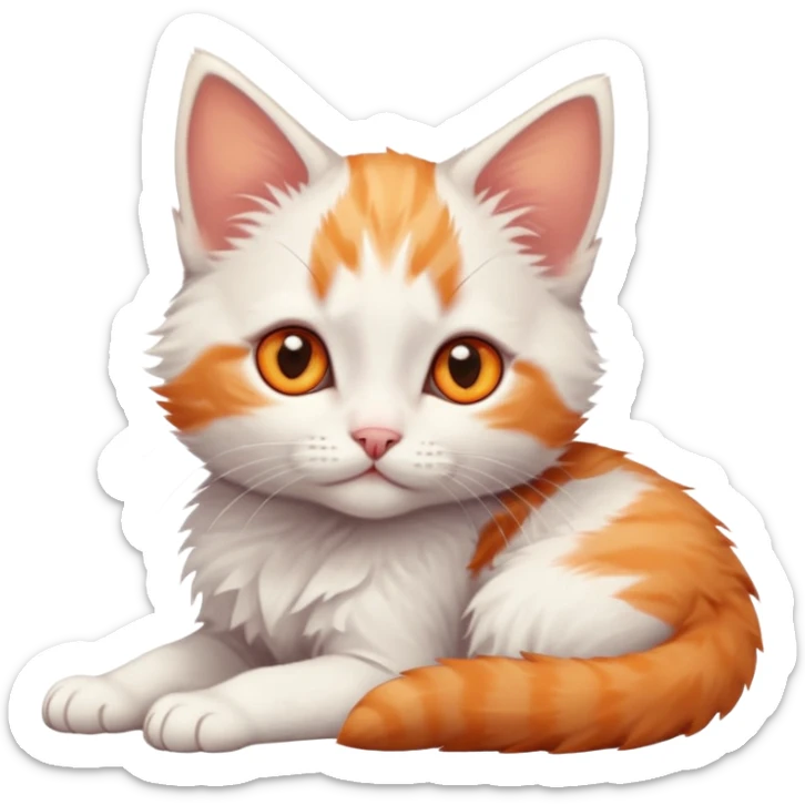 full body of very small + skinny ginger and white kitten with deep orange eyes and triangular shaped face lying down sticker