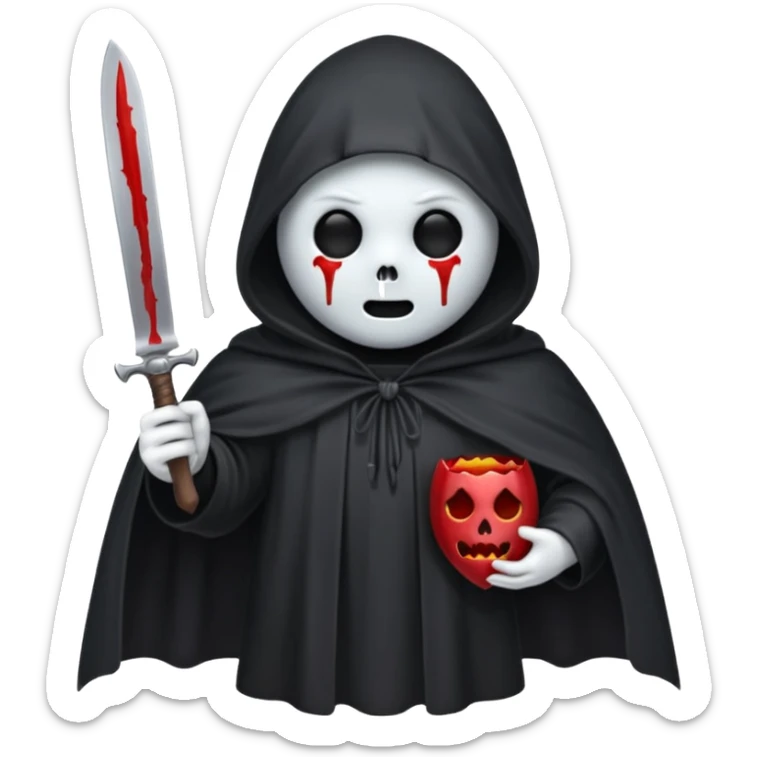 make a ghost face emoji with a cloak on and a bloody knife from the movie scream sticker