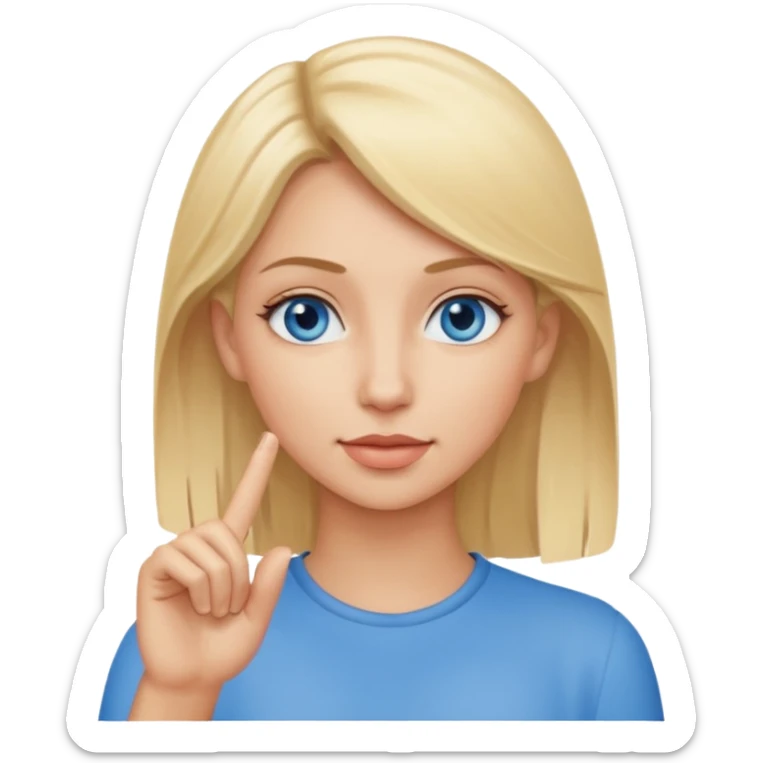 Blonde haired blue eyed woman with finger in ear sticker