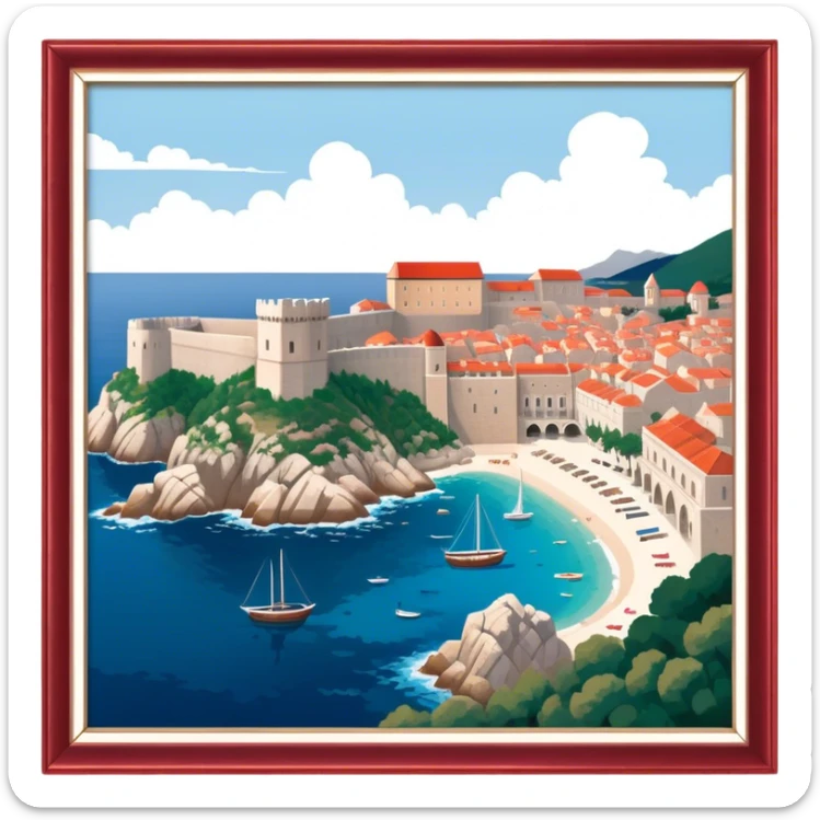 Cinematic Realistic aerial view of the historic city of Dubrovnik, showcasing its iconic red-roofed architecture, fortified walls, and sparkling Adriatic coastline, rendered with rich textures and warm Mediterranean lighting that captures its old-world charm. sticker