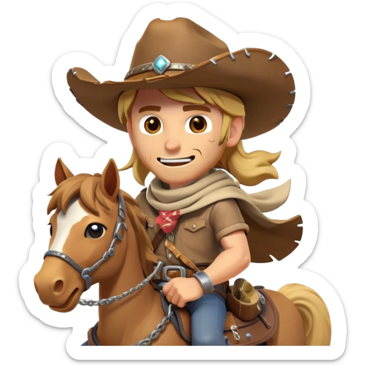 clash-of-clans-aesthetic_-cinematic-playful-cowboy-portrait-emoji, head-tilted with a roguish, cheeky grin and twinkling eyes, featuring a rugged, spirited build with a wide-brimmed cowboy hat and a weathered bandana on tan skin, riding a powerful galloping horse with dynamic flowing mane, reins gripped firmly in one hand and a lasso in the other, as dust swirls behind them in a vast desert landscape. sticker