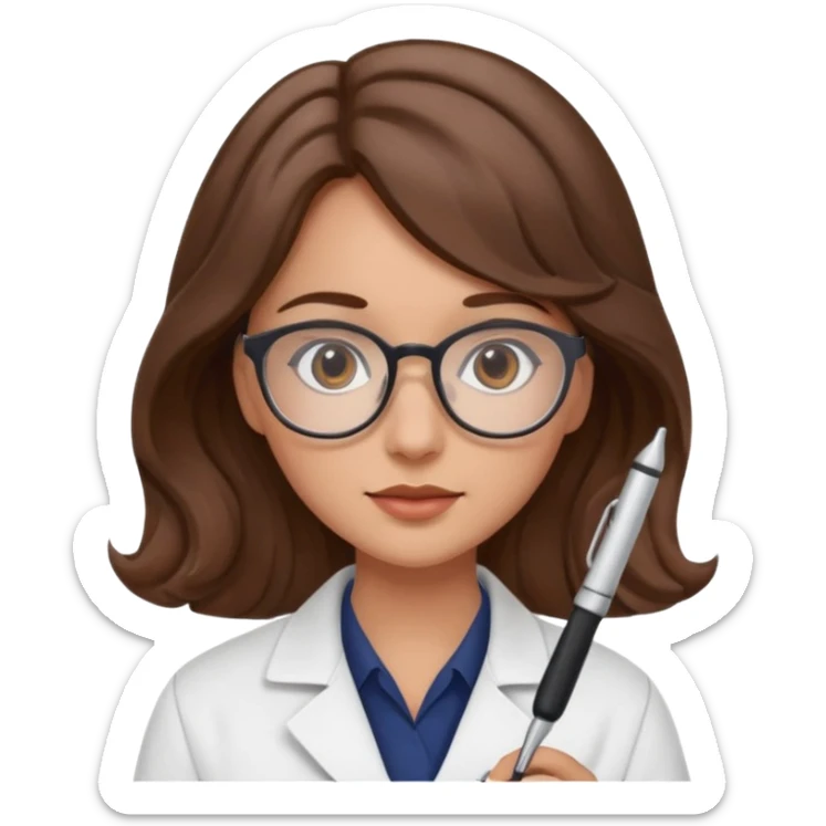 young women pharmacist studying science, wavy hair, with a pen and glasses sticker