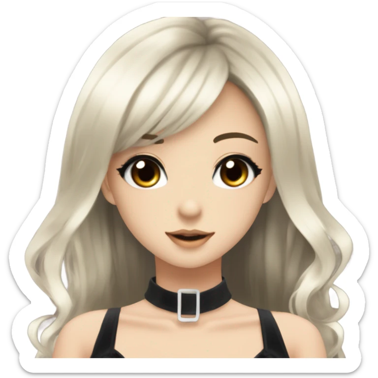 hime gyaru girl with LONG SILKY BLACK HAIR, with black satin halter top with chest, very pale skin and pretty brown monolid eyes sticker