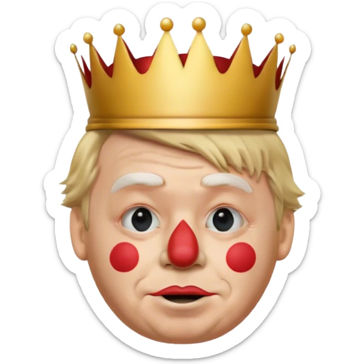 extremely photorealistic Donald Trump real face with a round clown nose and a extremely small crown on his head sticker