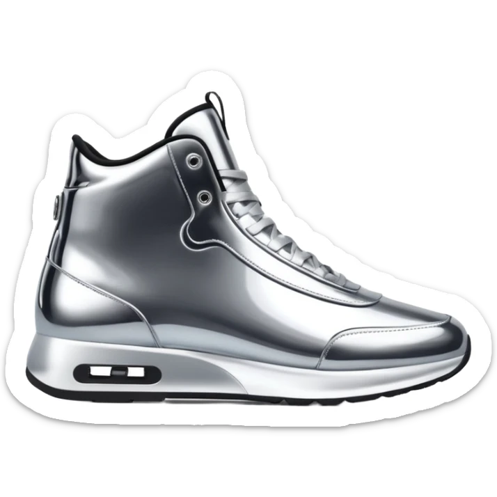 A pair of futuristic sneakers emoji made of silver chrome, sleek streetwear design, smooth metallic panels, subtle reflections, luxury swag aesthetic, iOS emoji style, centered, clean white background sticker