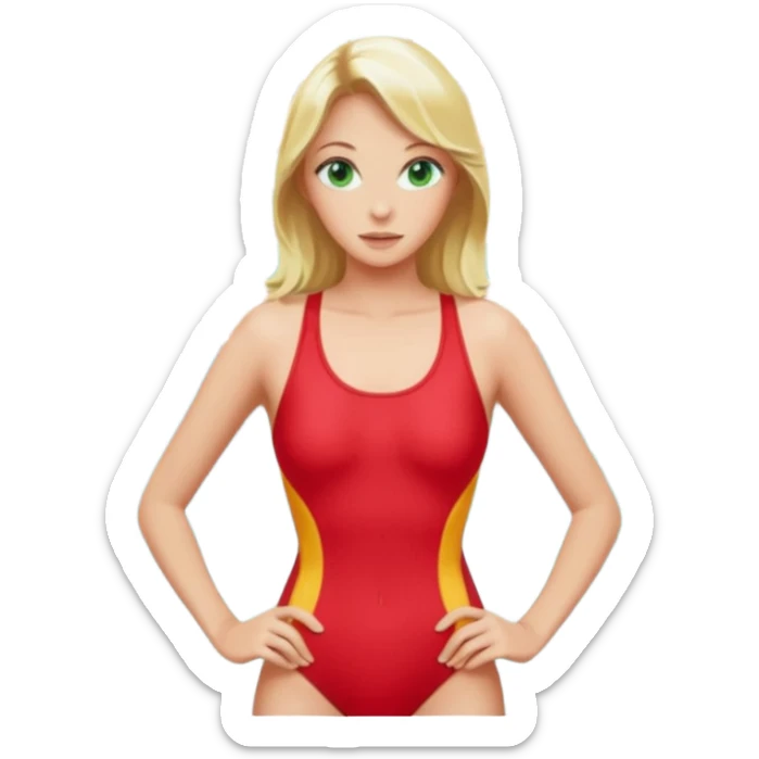 Blonde Woman, Green eyes, Red onepiece, whole Body,Background Indoor pool sticker