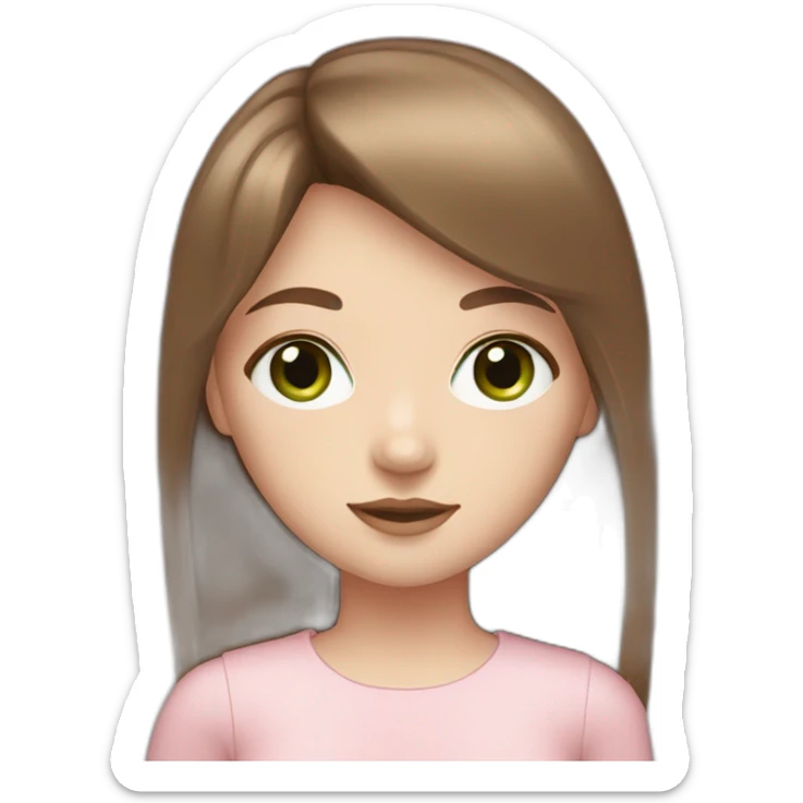 Female with brown hair. Light fringe. Green eyes. Pale skin. Aesthetic cute pink outfit.  sticker